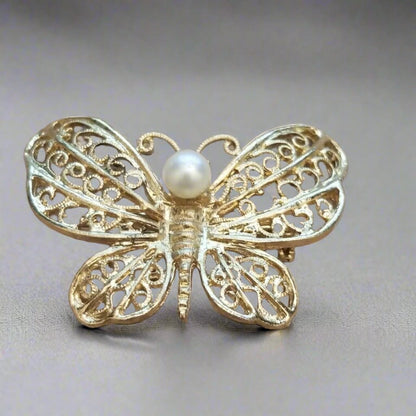Vintage Butterfly Brooch – Gold Tone Filigree with Faux Pearl Accent