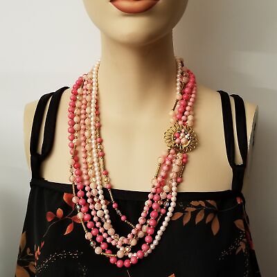 Vintage Pink 6 Strand Box Clasp Necklace