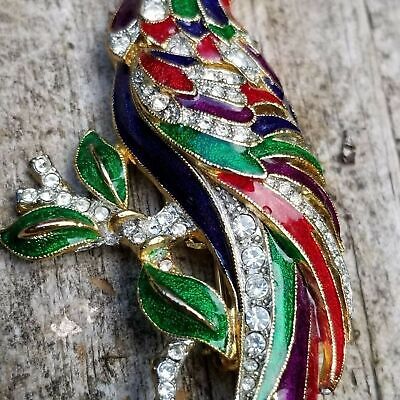 Gold Tone Enamel Rhinestone Bird Brooch
