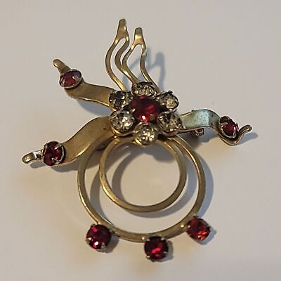 Vintage Brooch Sun Moon Red Rhinestones Celestial