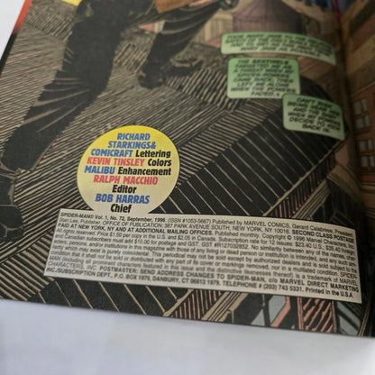 Comic book back cover with character illustration and production credits.