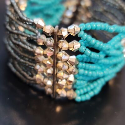 Black and Teal Beaded Stretch Bracelet