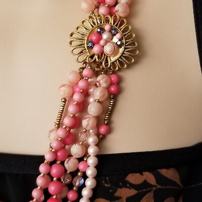 Vintage Pink 6 Strand Box Clasp Necklace