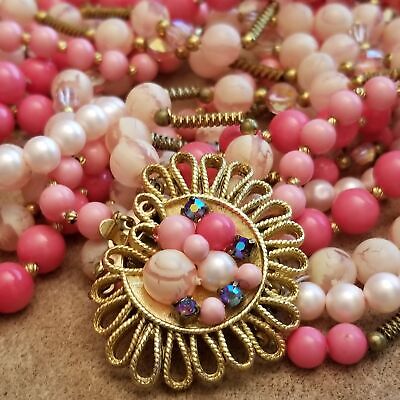 Vintage Pink 6 Strand Box Clasp Necklace