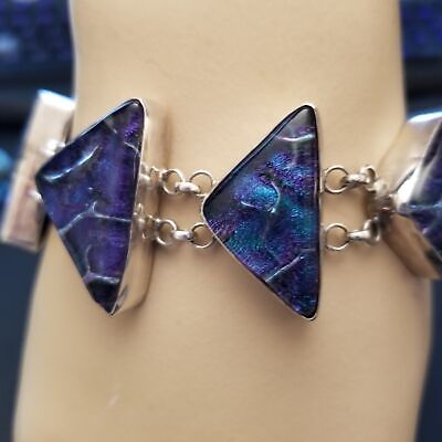 Dichroic Glass Sterling Silver Bracelet – .925 Triangle Link Jewelry