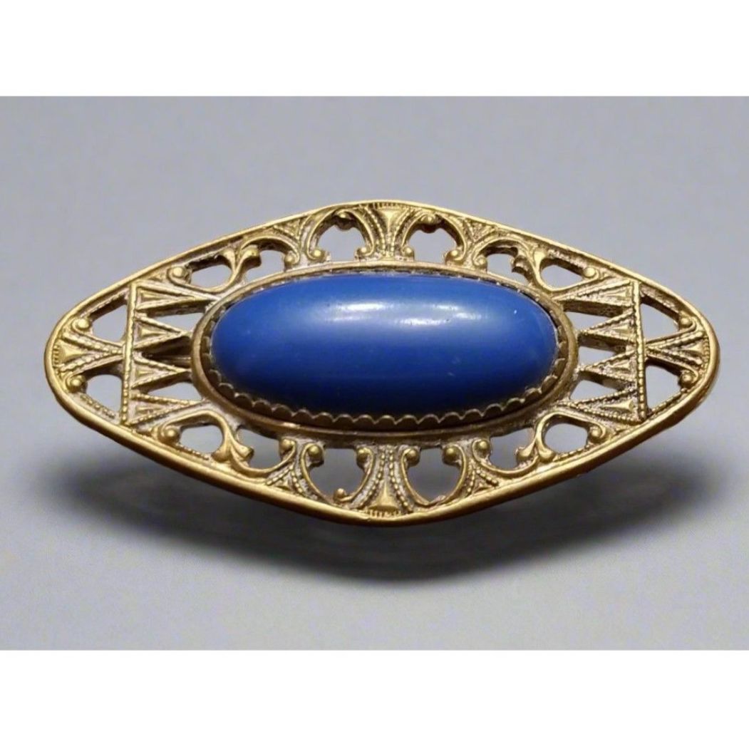 Vintage Brass Blue Oval Cabochon Open Work Brooch