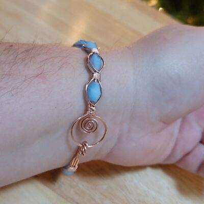 Handmade Baby Blue Glass Bead Copper Wire Bracelet (Upcycled Beads)