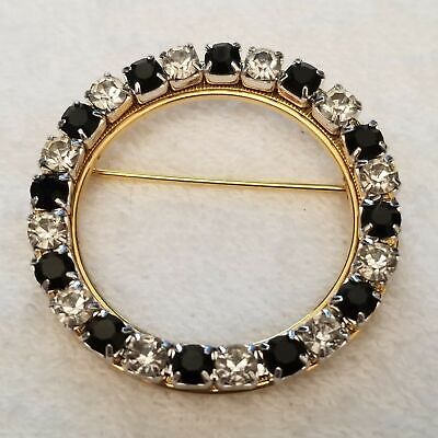 Vintage Round Wreath Rhinestone Black & Clear Brooch