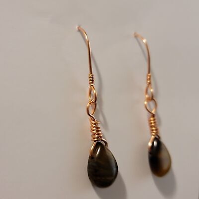 Handmade Copper Tear Drop Tigers Eye Dangle Earrings
