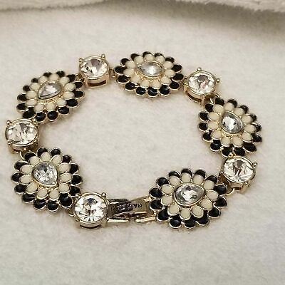 Gold Tone Flower Enamel Rhinestone Bracelet