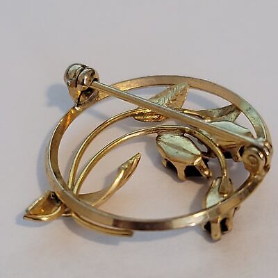 Gold Tone Red Rhinestone Brooch