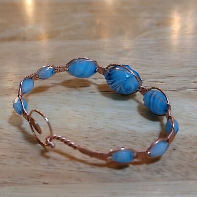 Handmade Baby Blue Glass Bead Copper Wire Bracelet (Upcycled Beads)