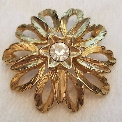 Gold Tone Rhinestone Flower Brooch