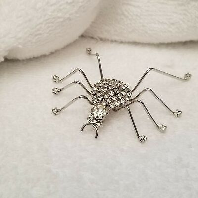 Silver Tone Rhinestone Spider Brooch