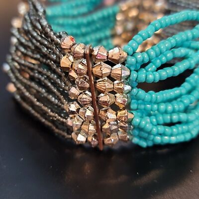 Black and Teal Beaded Stretch Bracelet