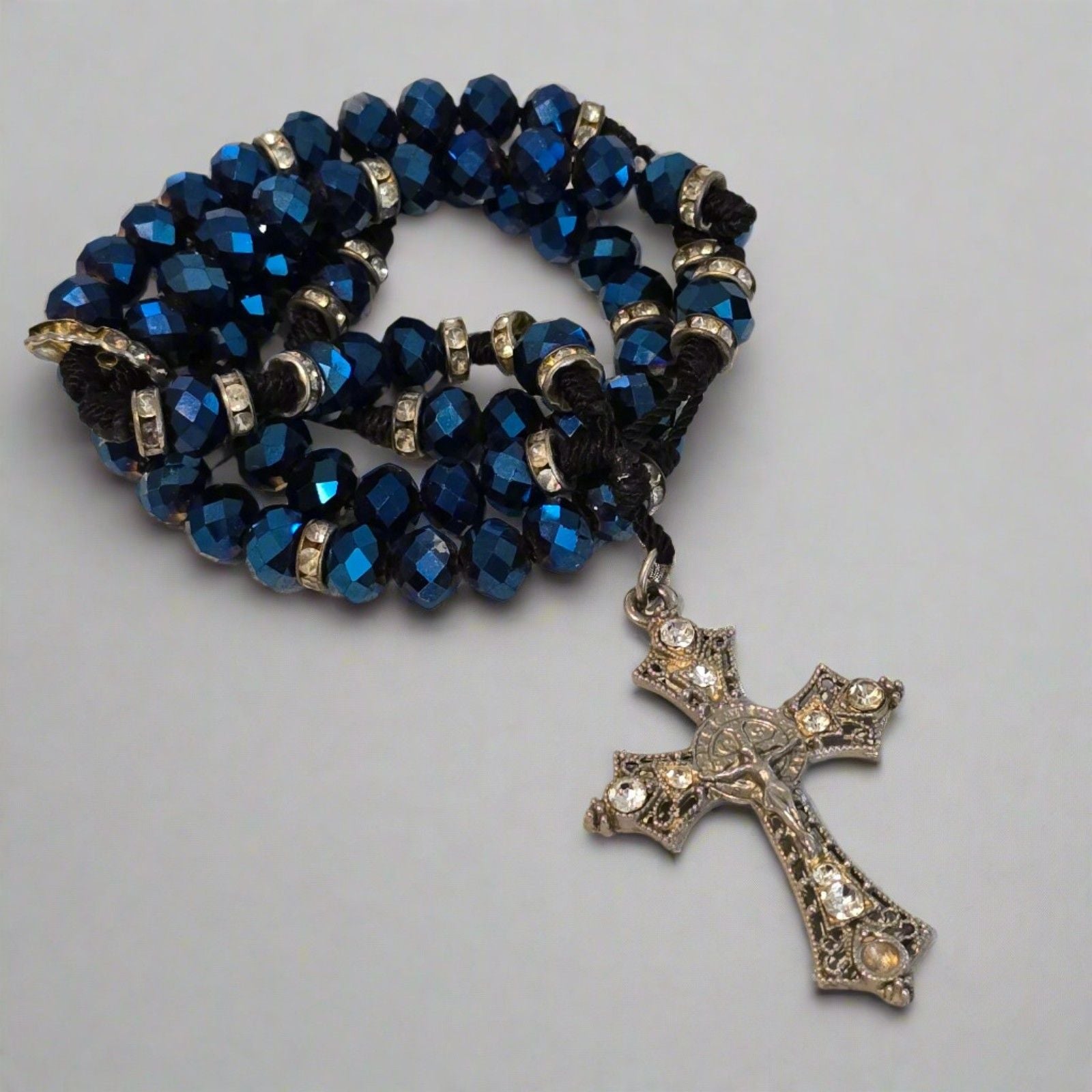 Blue Bead Rosary Cross Necklace