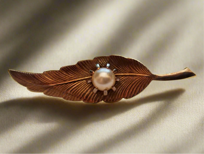 Vintage Gold Tone Faux Pearl Leaf Brooch