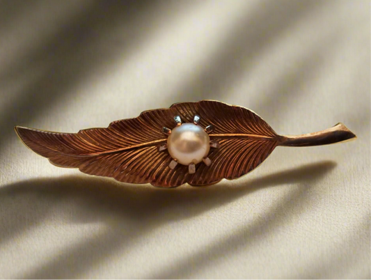 Vintage Gold Tone Faux Pearl Leaf Brooch