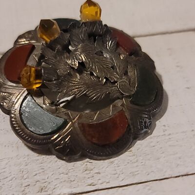 Antique Victorian Scottish Agate Cairngorm Thistle Brooch
