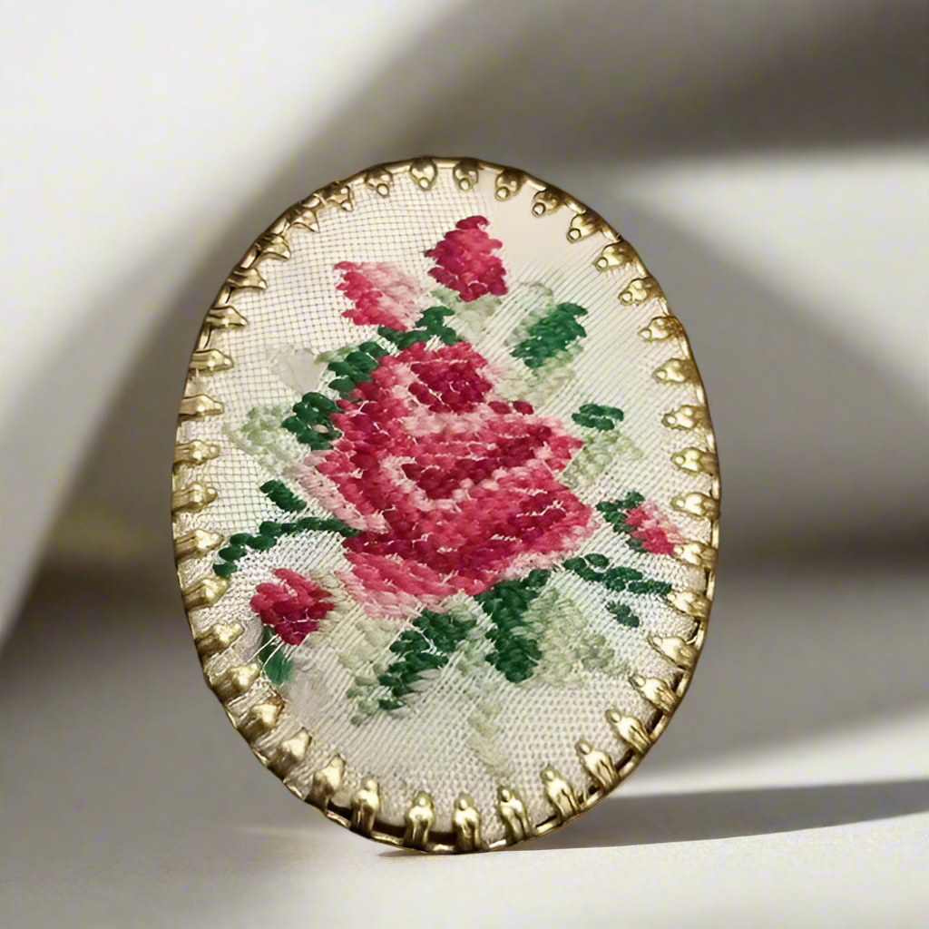 Vintage Cross Stitch Rose Cameo Brooch