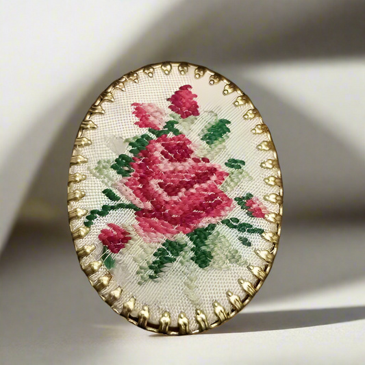 Vintage Cross Stitch Rose Cameo Brooch