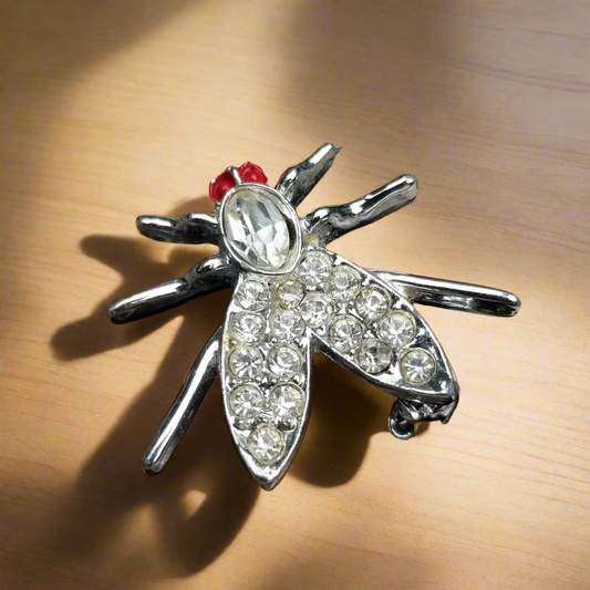 Silver Tone Rhinestone Fly Brooch