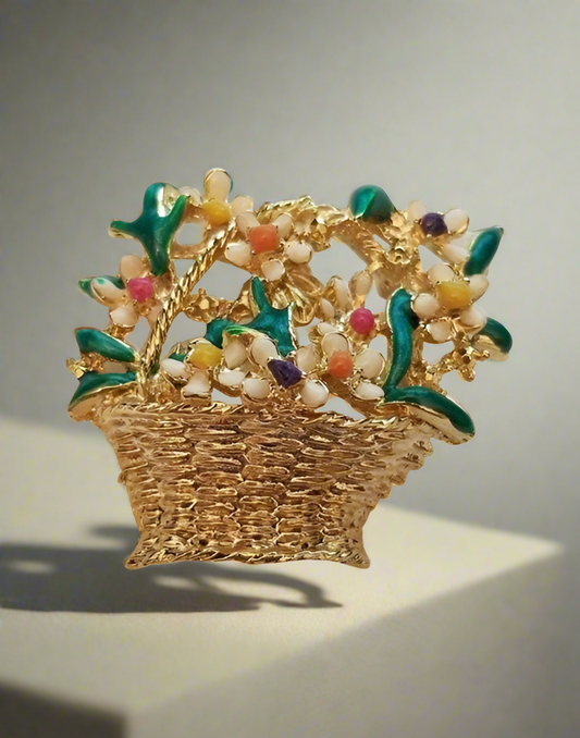 Beautiful Enamel Flower Basket Brooch