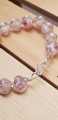 Handmade Pink Rose Glass Bead Wire Wrapped Bracelet