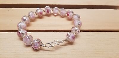 Handmade Pink Rose Glass Bead Wire Wrapped Bracelet