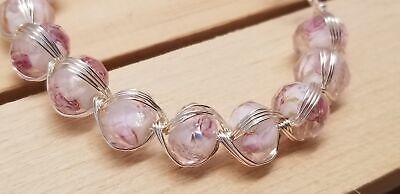 Handmade Pink Rose Glass Bead Wire Wrapped Bracelet
