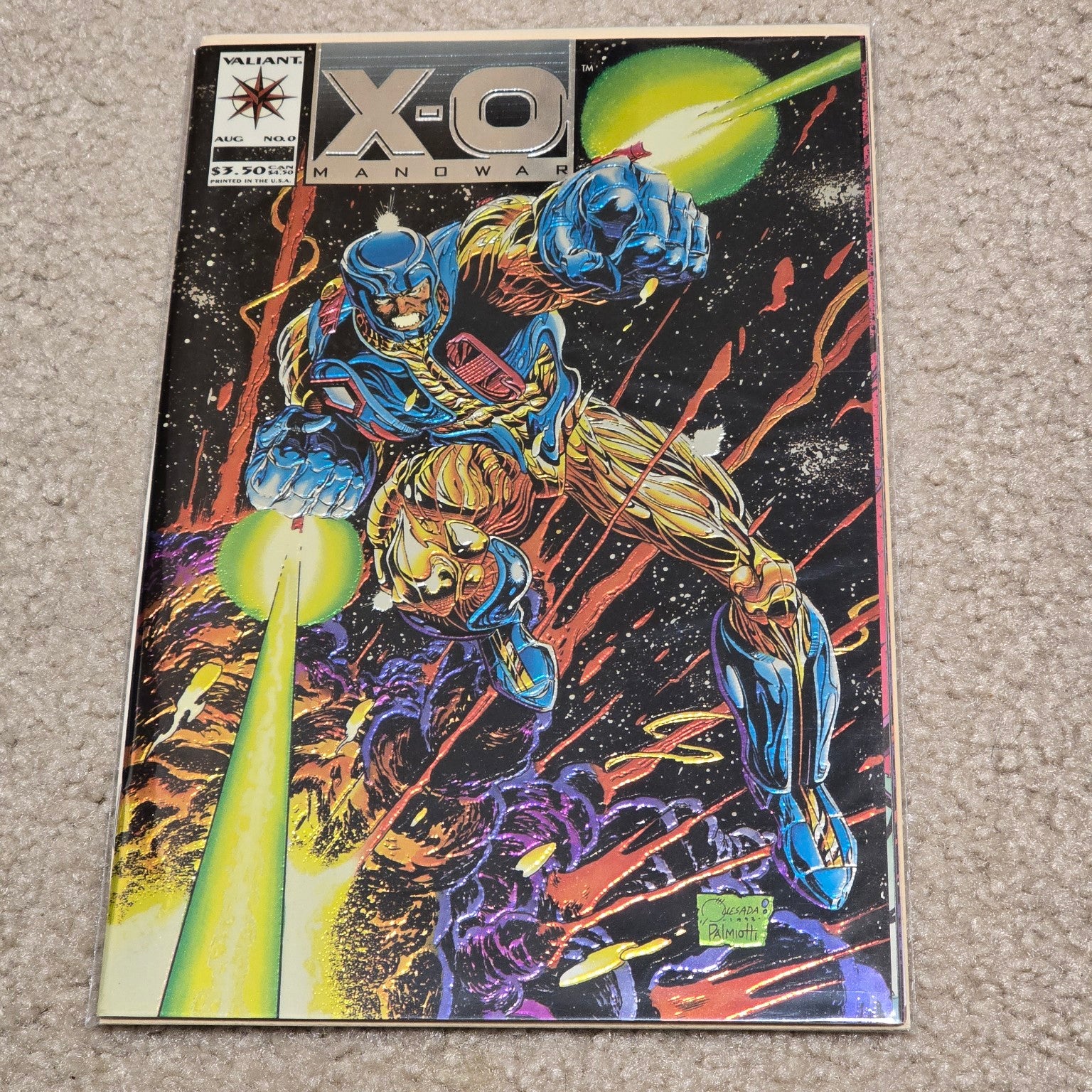 Comic book cover featuring a superhero with colorful design on a textured surface