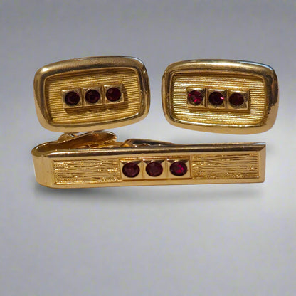 Vintage Red and Gold Cufflinks & Tie Clip Set – Mid-Century Men’s Jewelry