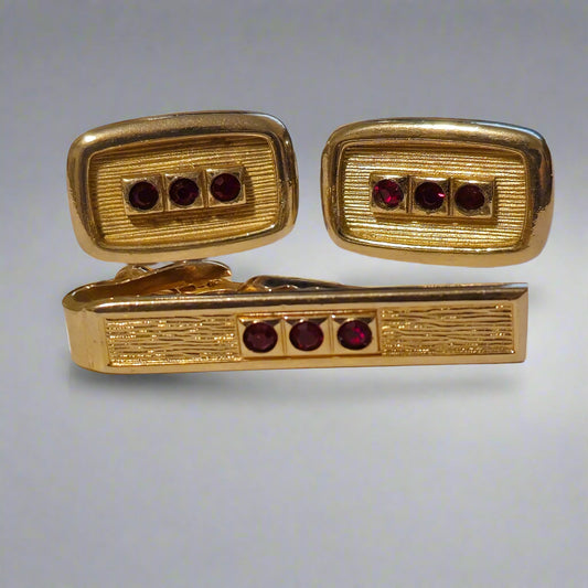 Vintage Red and Gold Cufflinks & Tie Clip Set – Mid-Century Men’s Jewelry