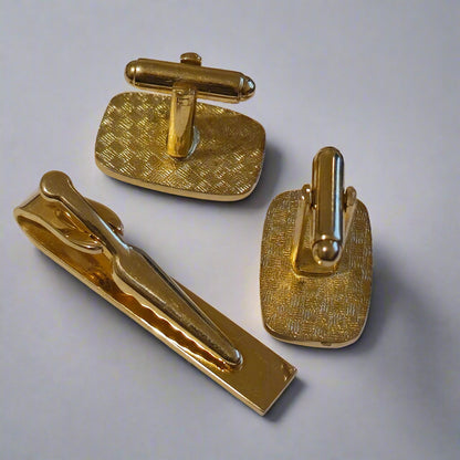 Vintage Red and Gold Cufflinks & Tie Clip Set – Mid-Century Men’s Jewelry