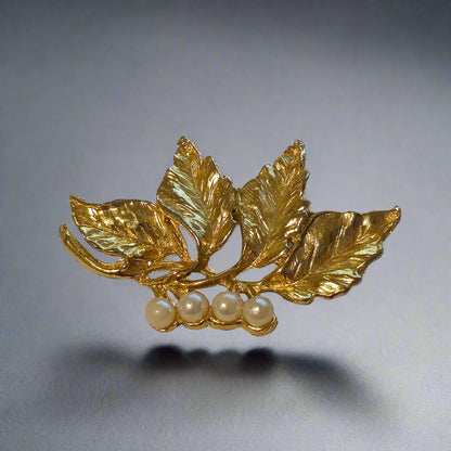 Vintage Gold Tone Pearl Leaves Brooch