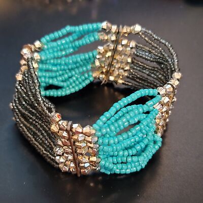 Black and Teal Beaded Stretch Bracelet