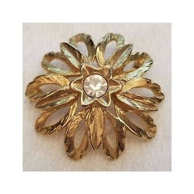 Gold Tone Rhinestone Flower Brooch