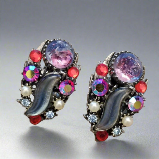 Vintage Starburst Glass Clip On Earrings Signed Florenza