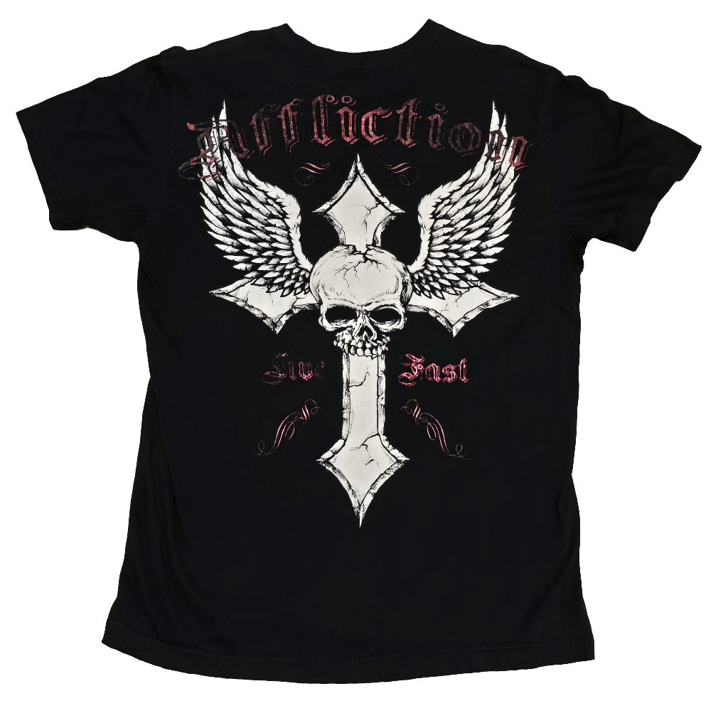 Affliction Cross Graphic T-Shirt Black Large Made in USA Biker MMA Rock Tee
