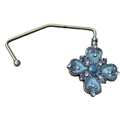 Vintage-Inspired Purse Hook – Aqua Floral Rhinestone Handbag Hanger