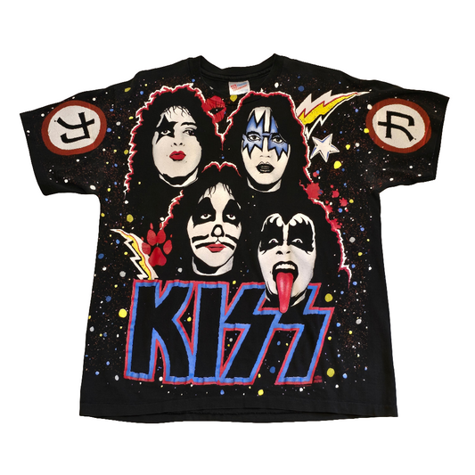 Vintage 1992 KISS Band T-Shirt Hanes Rock Tee All Over Print Faces Hole Back