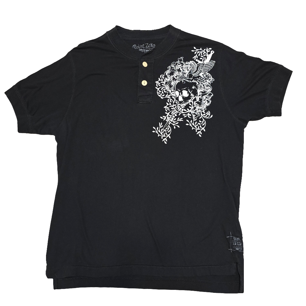 Point Zero Henley T-Shirt Skull Bird Graphic Black Vintage Wash Medium