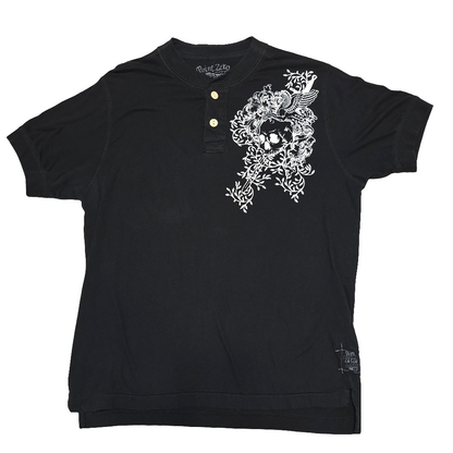 Point Zero Henley T-Shirt Skull Bird Graphic Black Vintage Wash Medium