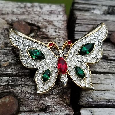 Gold Tone Rhinestone Butterfly Brooch