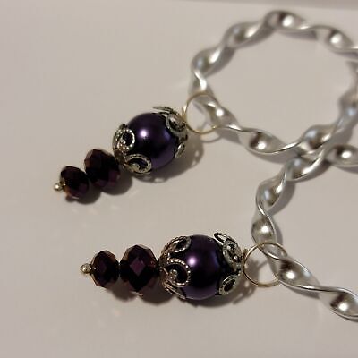 Handmade Twisted Silver And Purple Hoop Dangle Earrings