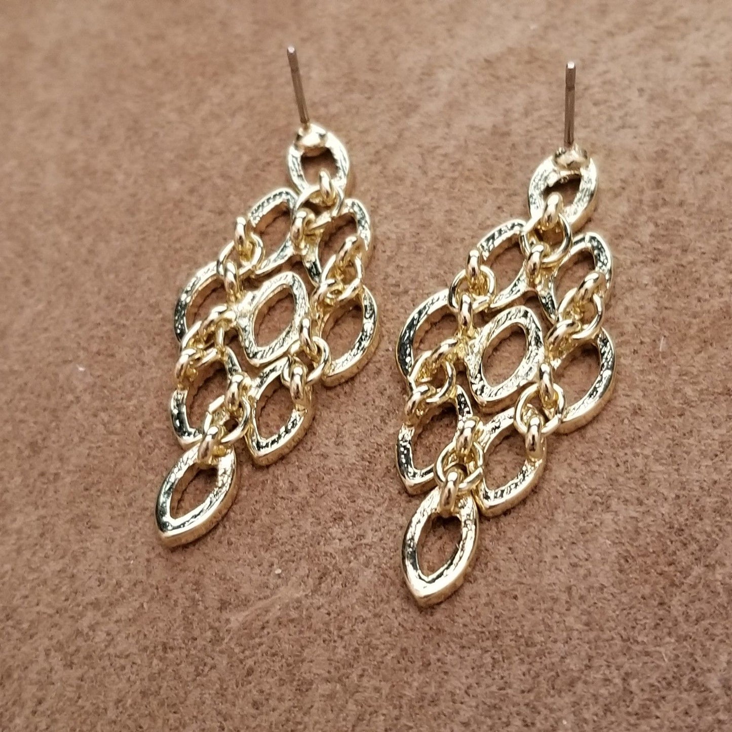 Vintage Gold Tone Statement Earrings – Openwork Geometric Dangle Design