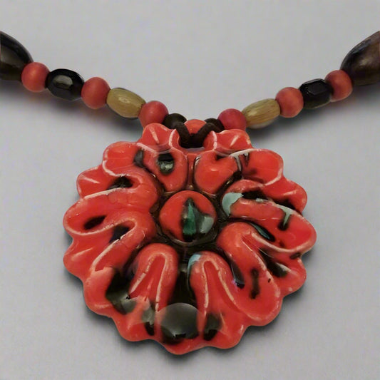 Beautiful Red Flower Medallion Necklace