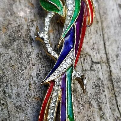 Gold Tone Enamel Rhinestone Bird Brooch