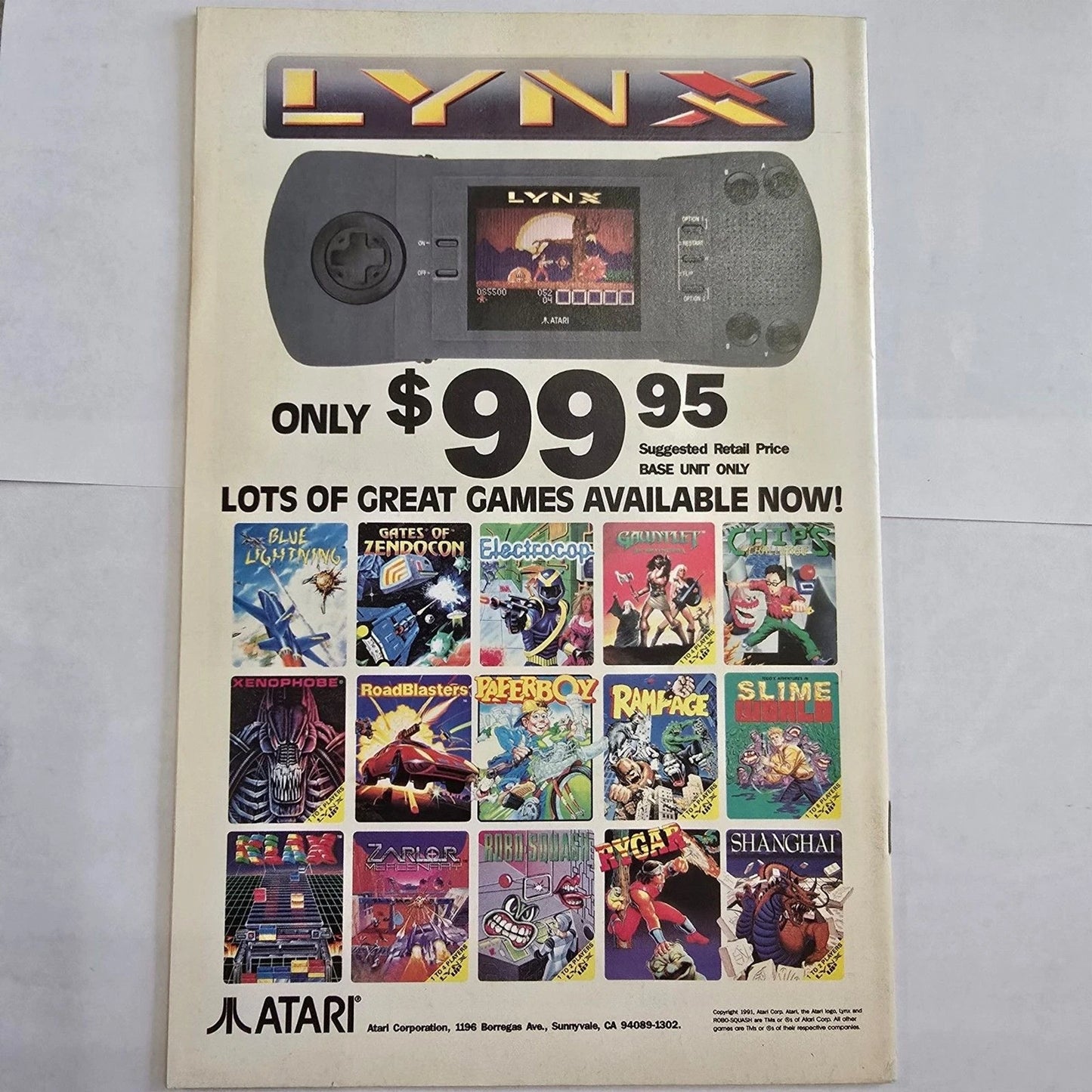 Advertisement for Atari Lynx gaming console with games on a light gray background