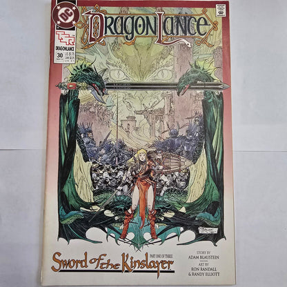 Cover of 'Dragonlance: Sword of the Kinslayer' with a fantasy scene and character illustration.